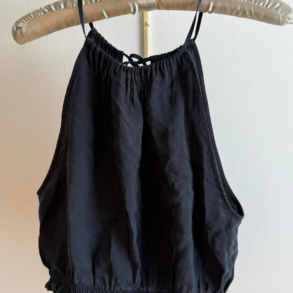 Zara Black Modal Halter Tie Ruched Crop Top Sleeveless Medium